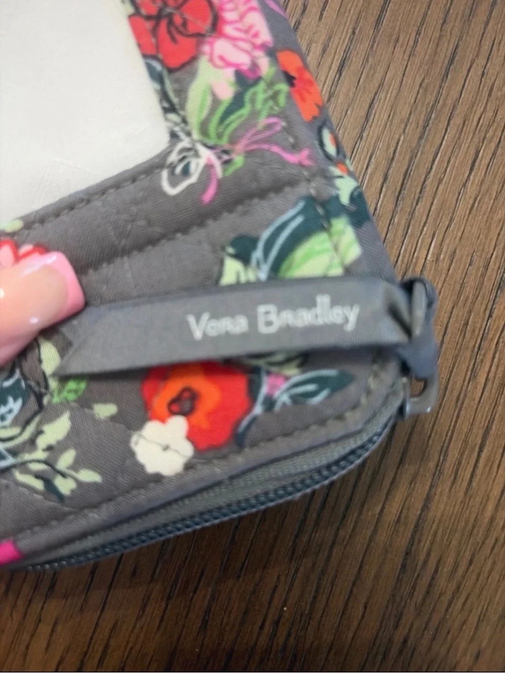 Vera Bradley Gray Floral Wristlet ID Case with Pink & Red Accents